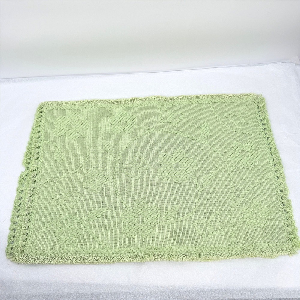 Placemats Set of 2 Spring Green Woven Floral Butterfly Fringe Vintage Cottage